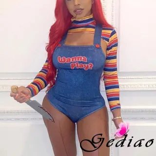 Conjunto Bodysuit e Tops Listrados, Roupas Sexy para Mulheres - Azul