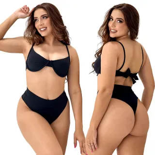 Biquíni Hot Pants Aro Meia Taça Cintura Alta Feminino com Bojo Suplex - Marinho