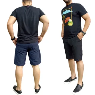 Bermuda Masculina Social Esporte Fino Sarja Brim Lisa - Kit 2 - PRETO COM AZUL MARINHO