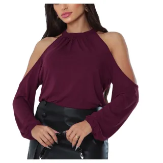Blusa Manga Longa Feminina Social Viscolycra Ombro Vazado - Cinza