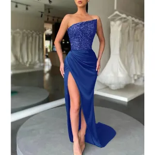 Vestido de festa longo feminino com fenda alta, lantejoulas e detalhes em patchwork - Lótus Rosa