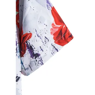 Camisa Manga Curta Vermelha e Branca Floral Solta - Tendência Boho Retro - C229