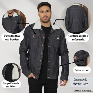 Manga Longa Jaqueta Jeans Masculina Tradicional Botões - Preto