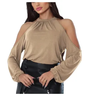 Blusa Manga Longa Feminina Social Viscolycra Ombro Vazado - Cinza