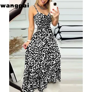 Feminino Vestido Longo Alças Estampa Leopardo - Verde-estampa de leopardo