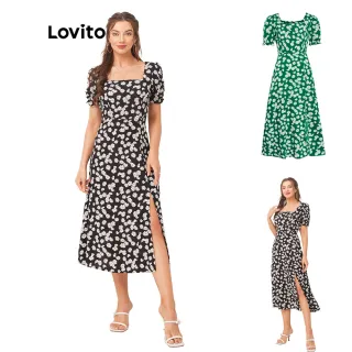 Vestido Lovito Casual Estampa Floral Gola Quadrada L11D32 (Preto) - Verde