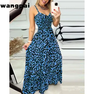 Feminino Vestido Longo Alças Estampa Leopardo - Verde-estampa de leopardo