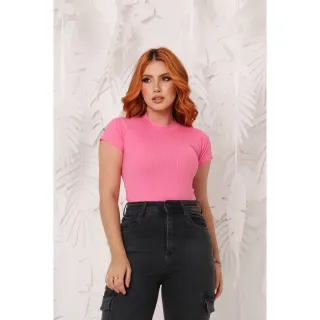Manga Curta Blusa Feminina Gola Alta Canelada - Telha