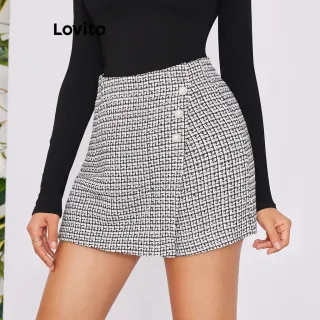 Short Elegante Xadrez Lovito 2 Em 1 Feminino Tweed LBE02031 (Preto E Branco) - Preto e Branco
