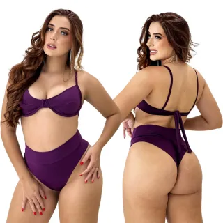 Biquíni Hot Pants Aro Meia Taça Cintura Alta Feminino com Bojo Suplex - Marinho