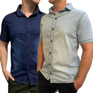 Social Masculina Camisa Jeans Manga Curta Slim com Elastano - JEANS AZUL MÉDIO