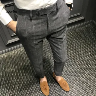 Calças para o Trabalho Slim Straight Plain Men Suit Pants - Cinza Claro