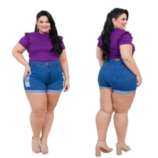 Destroyed Plus Size Feminino Bermuda Short Jeans Perna Dobrada - Azul Escuro