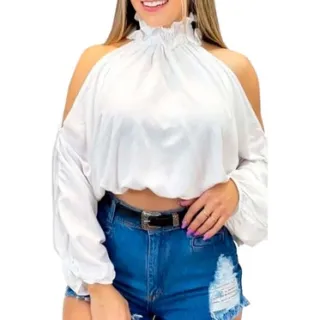 Blusa Feminina Cropped Manga Bufante Gola Alta Babado - VERDE-LIMA