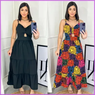 Vestido Decotado Feminino Midi com Alcinha Ajustável e Bojo - Rosa Chá Poá