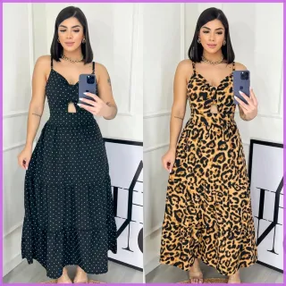 Vestido Decotado Feminino Midi com Alcinha Ajustável e Bojo - Rosa Chá Poá