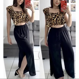 Moda Tendências Feminina - Calça Pantalona Forrada com Fendas e Cordão na Cintura - Pink