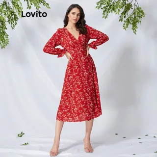 Vestido Boho Estampa Floral Decote V Lovito - L01146 - Vermelho com Manga Longa