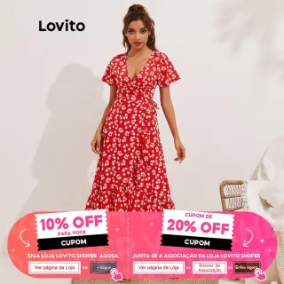 Vestido Boho Lovito Ditsy Floral Dividido com Babado L13X017 (Vermelho) - Vermelho