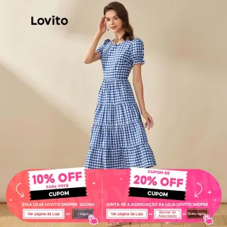 Vestido Plissado Xadrez Casual Midi Azul - Lovito - Azul