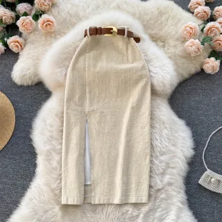 Saias Casuais Retrô Femininas: Estilo Coreano com Fenda - Branco