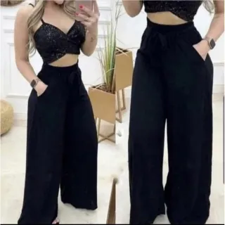 Moda Tendências Feminina - Calça Pantalona Forrada com Fendas e Cordão na Cintura