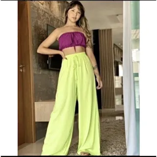 Moda Tendências Feminina - Calça Pantalona Forrada com Fendas e Cordão na Cintura - Pink