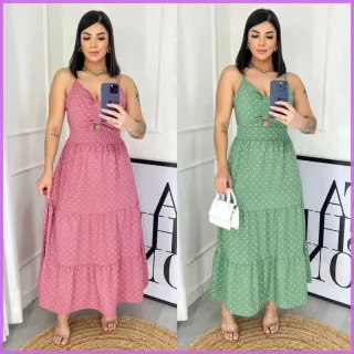 Vestido Decotado Feminino Midi com Alcinha Ajustável e Bojo - Rosa Chá Poá