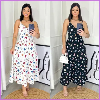 Vestido Decotado Feminino Midi com Alcinha Ajustável e Bojo - Rosa Chá Poá