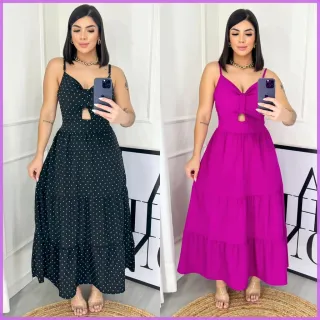Vestido Decotado Feminino Midi com Alcinha Ajustável e Bojo - Rosa Chá Poá