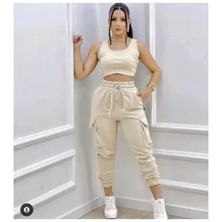 Moda Inverno Calça Feminina Moletom Cargo Jogger - Caramelo