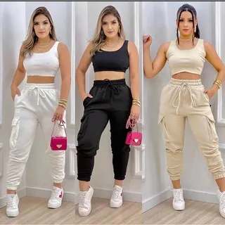 Moda Inverno Calça Feminina Moletom Cargo Jogger - Caramelo