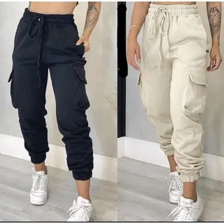 Moda Inverno Calça Feminina Moletom Cargo Jogger - Caramelo