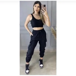 Moda Inverno Calça Feminina Moletom Cargo Jogger - Caramelo