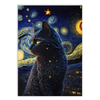 Ilustração Van Gogh Noite Estrelada - Placa Decorativa A4 Gato Preto