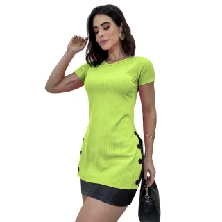Blusa Manga Curta Feminina Veste Legging Canelada Botões - Verde Claro
