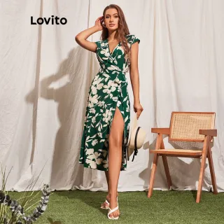 Lovito Vestido Manga Curta Floral Boho Dividida V Mulheres - Verde Escuro