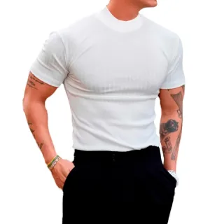 Promoção Camiseta Masculina Slim Gola Alta Manga Curta - Preto