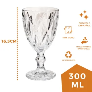 Taças Diamante Transparente 300ml - Conjunto com 4 Copos - Único