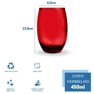 Jogo com 4 Copos de Vidro Redondos BELLAGIO 450ml Vermelho Luxo - Único