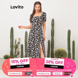 Vestido Lovito Casual Estampa Floral Gola Quadrada L11D32 (Preto) - Verde