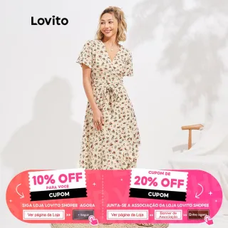 Vestido Vintage Estampa Floral Amarração Manga Bufante Lovito L16D045 (Bege) - Série Bege (Básico Cor)