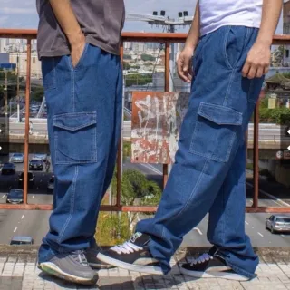 Calça Feminina Cargo Larga com Cordão - 6 Bolsos Skate - jeans